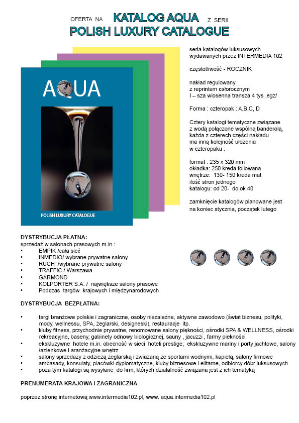 projekt Katalogu AQUA dla firmy INTERMEDIA 102 - koncepcja i proj. graf J. K. Wędrychowicz